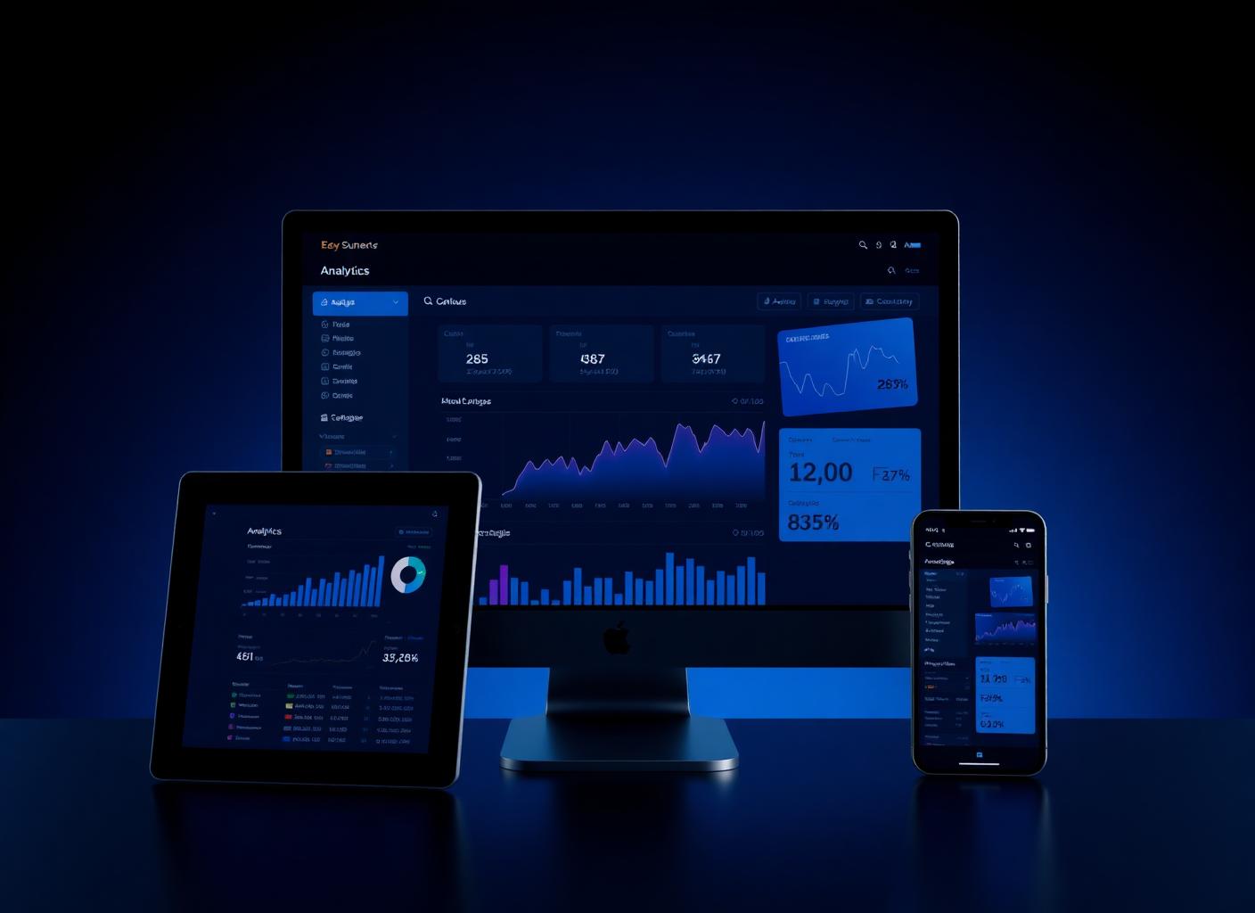 Desktop, tablet, and mobile website mockups with a marketing analytics dashboard